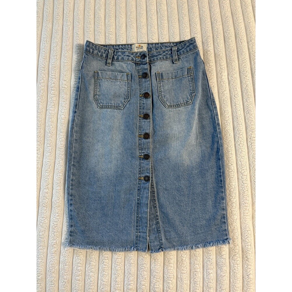 Marine Layer Denim Midi Skirt Button Front Raw Hem Women 6 medium blue fall boho